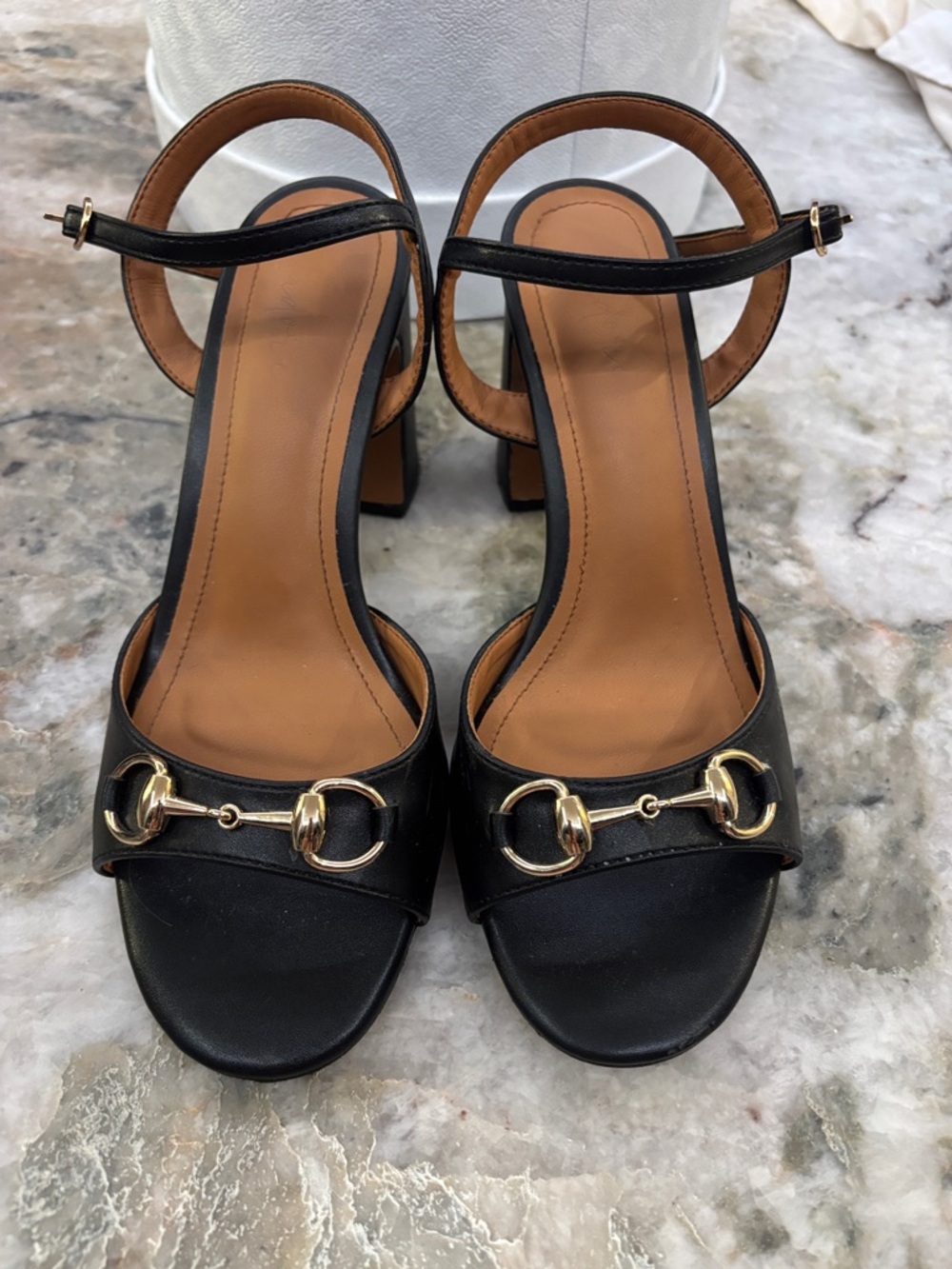 Black Leather Open-Toe Heels with Gold Bit Detail